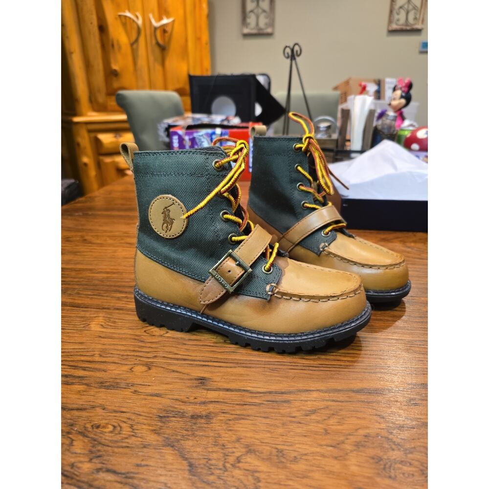 Polo Ralph Lauren Ranger Hi II Tan Green Leather Boots Kids Youth US Size 1